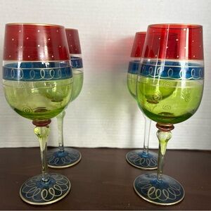 Pier One Hand-Painted Red, Blue & Green Wine Glasses - Set of 4